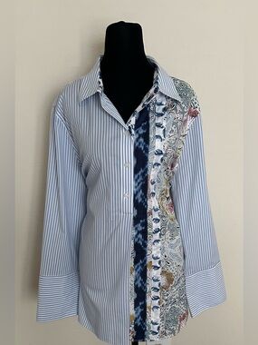 Chico's No Iron Popover Blouse Blue & White Striped Button-Front Shirt